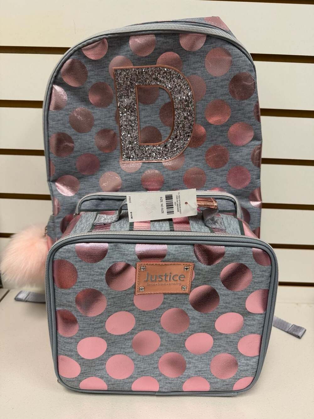 Justice  Grey and Rose Gold  Initial 'D' Backpack and Lunch Tote NWT